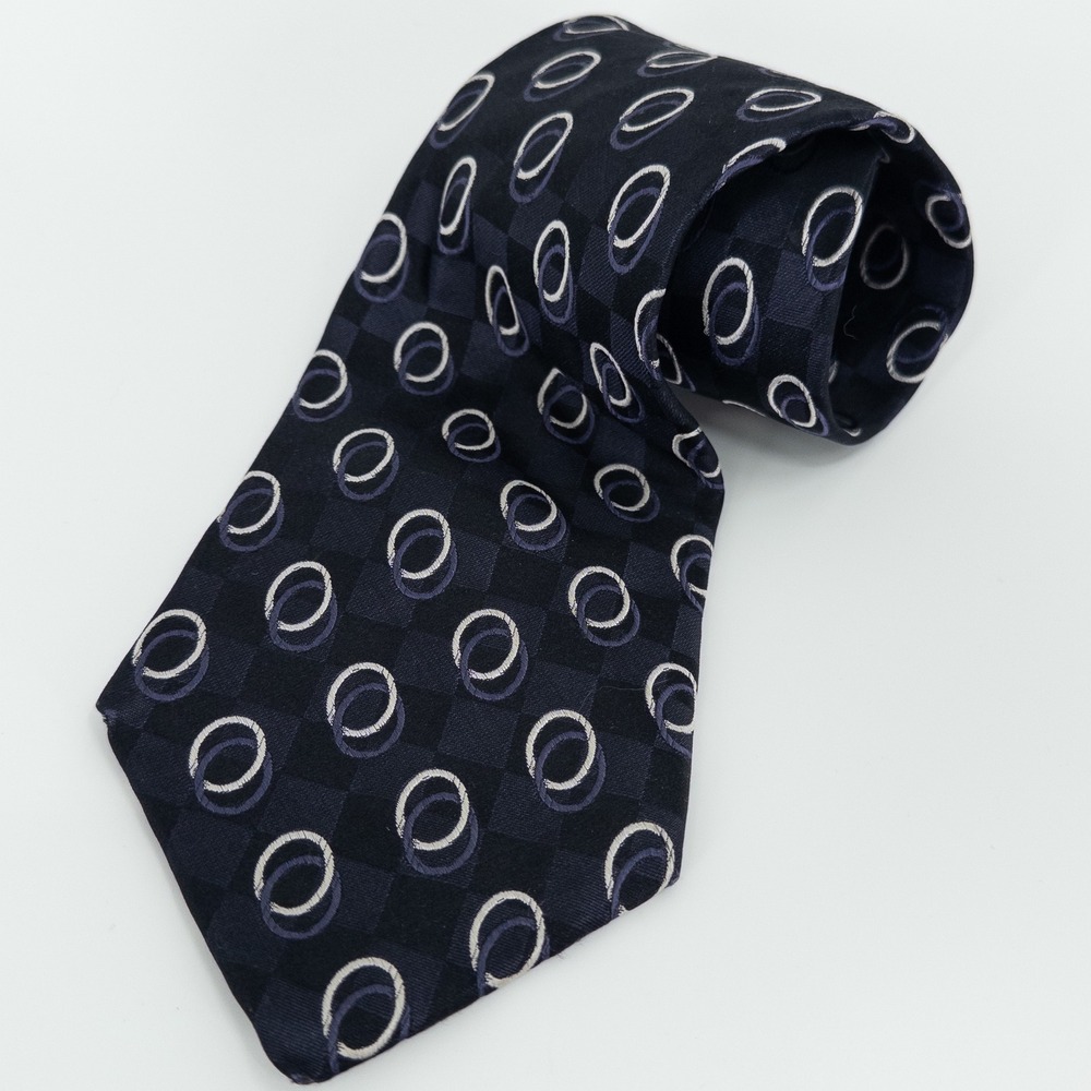 Vintage Y2K‎ 90s Bugatti Necktie Mens Navy Blue Silk 100 Geometric Unique Print